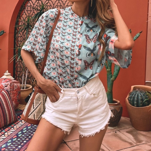 Boho Mint Butterfly Button up Short Sleeve Top - Picture 3 of 5